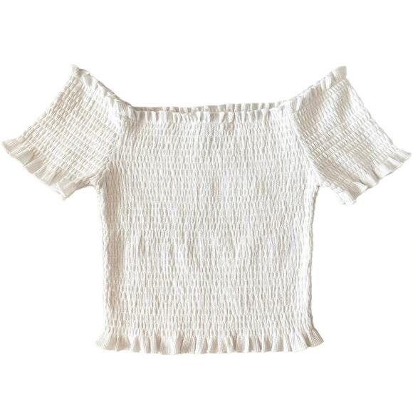 Aqua Off Shoulder Cinched Crop Top Cropped Blouse Summer Shirt Womens S White - Picture 1 of 6